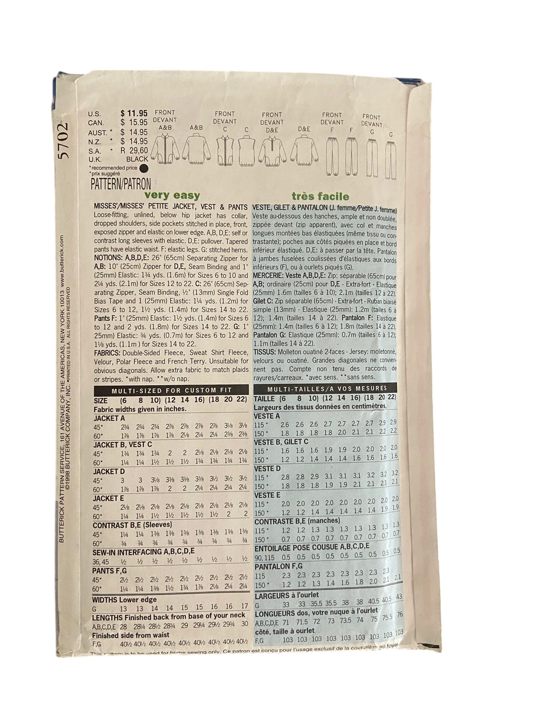 Butterick 5702 vintage 1990s pants, vest and jacket sewing pattern Bust 40, 42, 44 inches