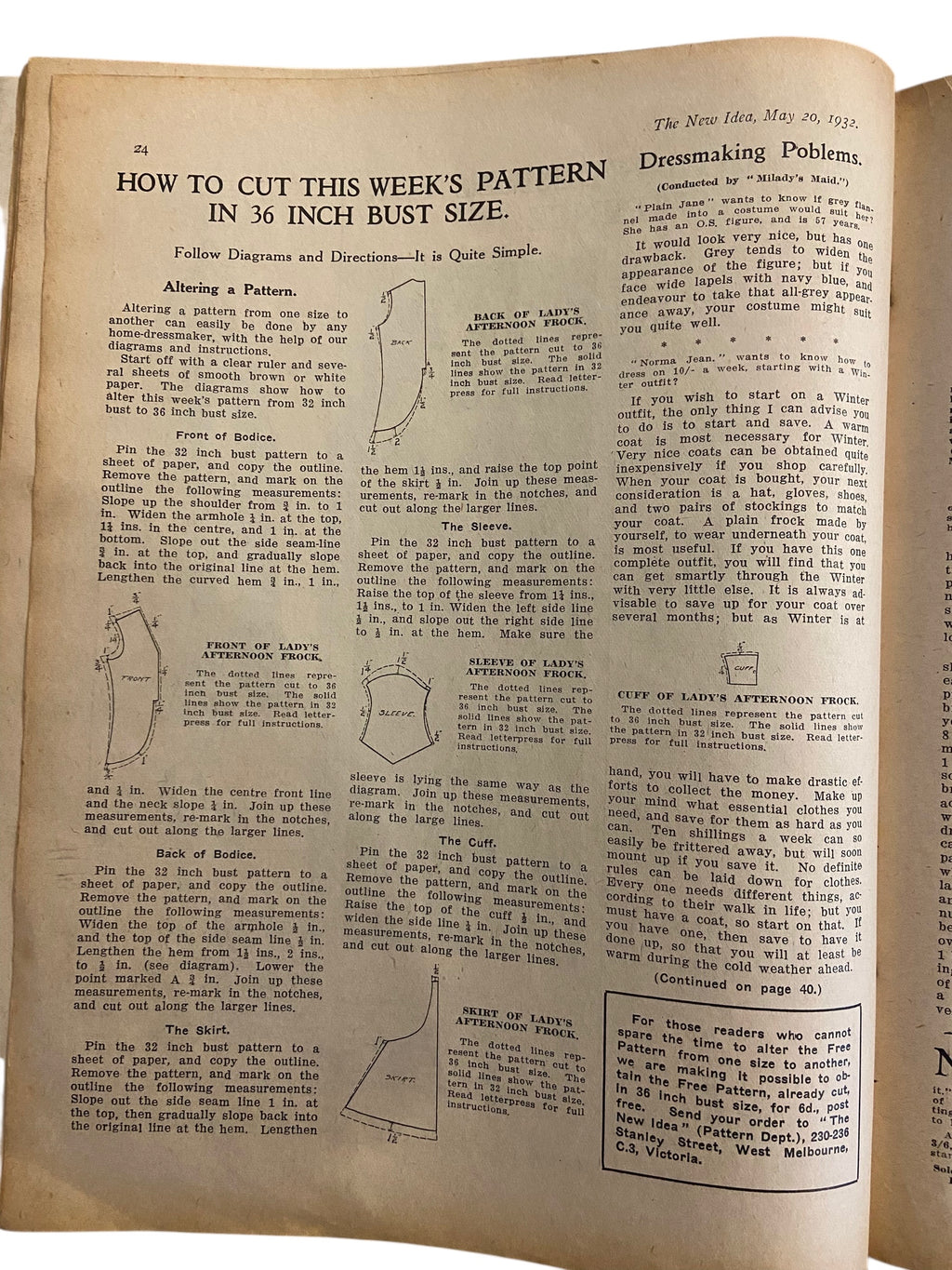 The New Idea Magazine . A weekly paper for Australian and New Zealand Women. May 20 1932 with sewing pattern unused, factory folded, lady’s afternoon frock.