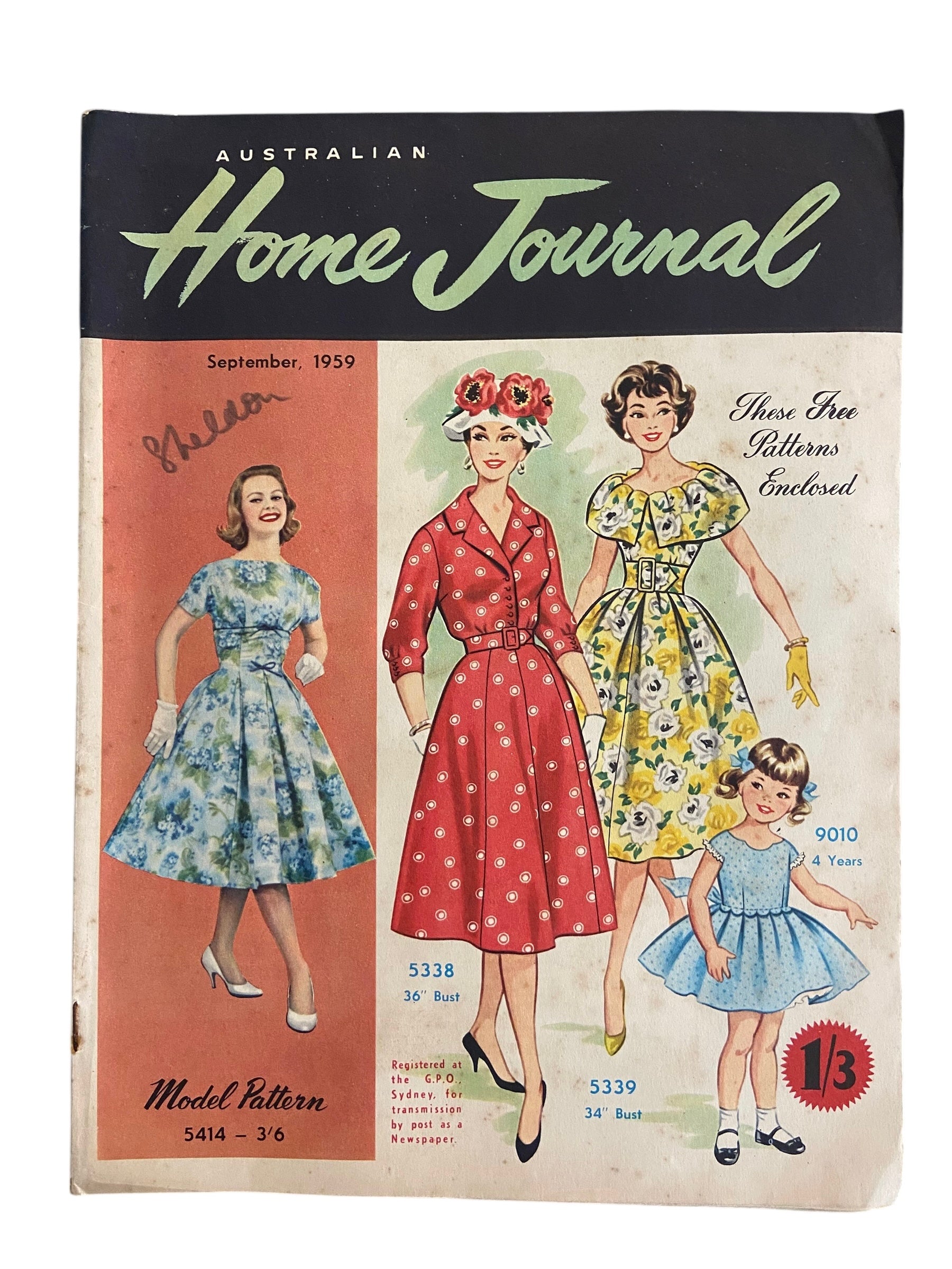 Australian home journal September 1959 with three sewing patterns, unused, factory folded two women’s dresses (36 inch bust and 34 inch bust) and a girl's dress (age 4 years).