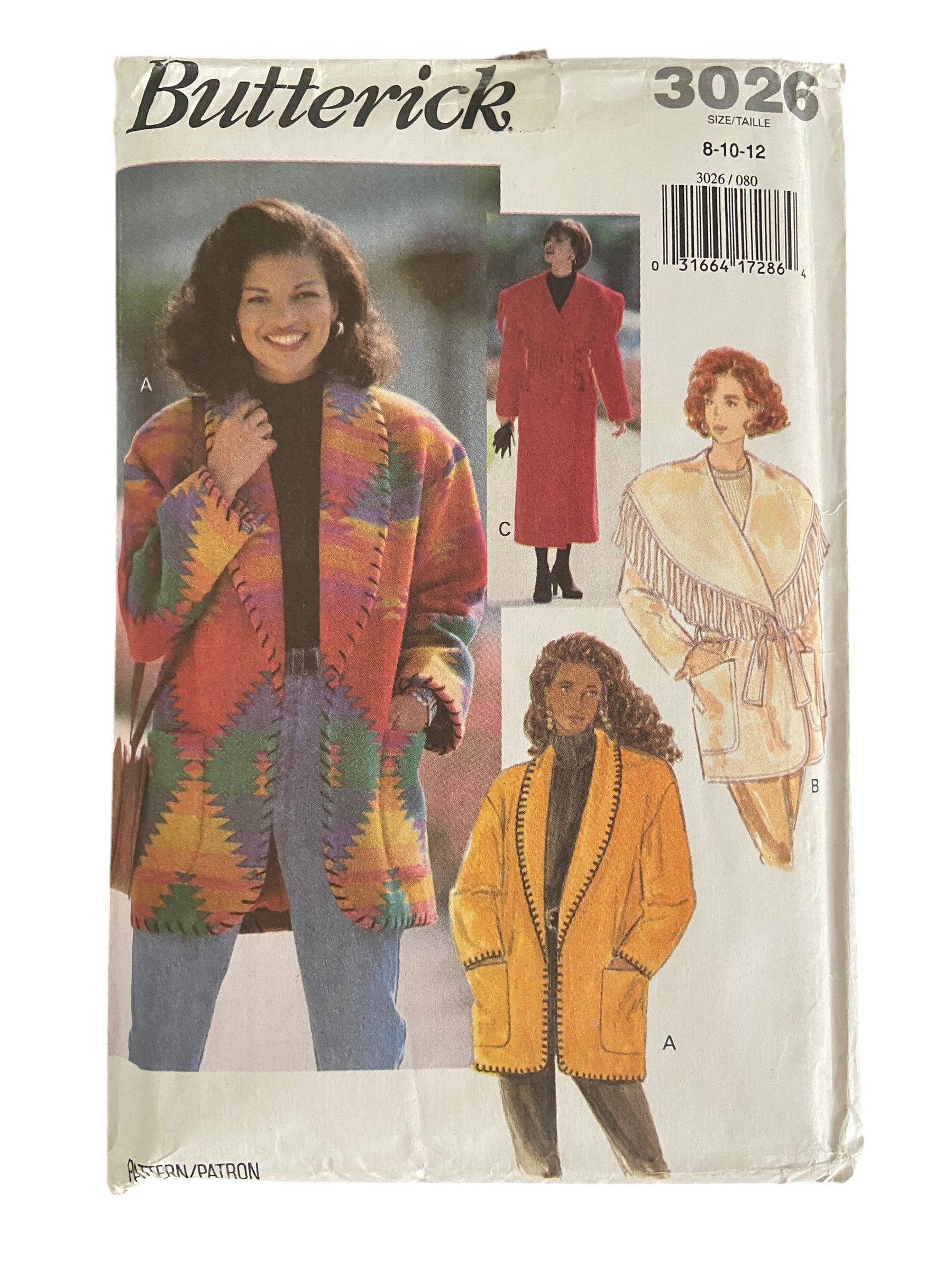 Butterick 3026 vintage 1990s jacket pattern. Bust 31.5, 32.5. 34 inches.