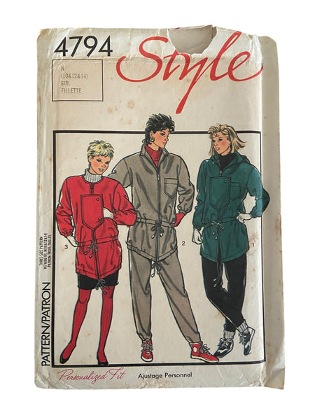 Style 4794 vintage 1980s girl’s lined jacket with or without hood sewing pattern. Size 10, 12, 24 years. chest 28.5, 30, 32 inches