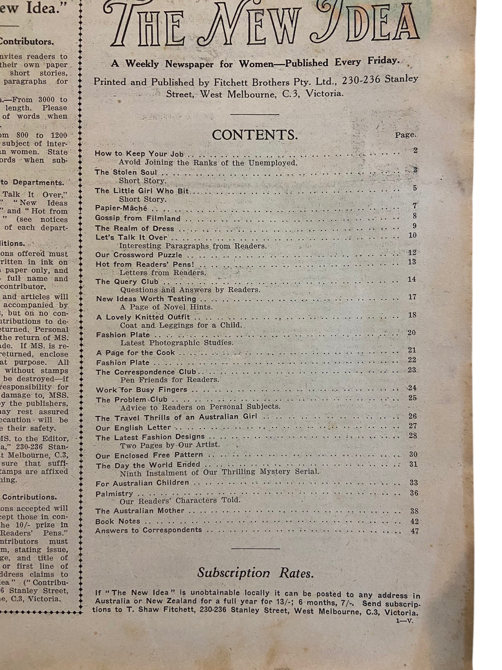 The New Idea Magazine . A weekly paper for Australian and New Zealand Women. August 22 1930 with sewing pattern unused, factory folded, lady’s apron.