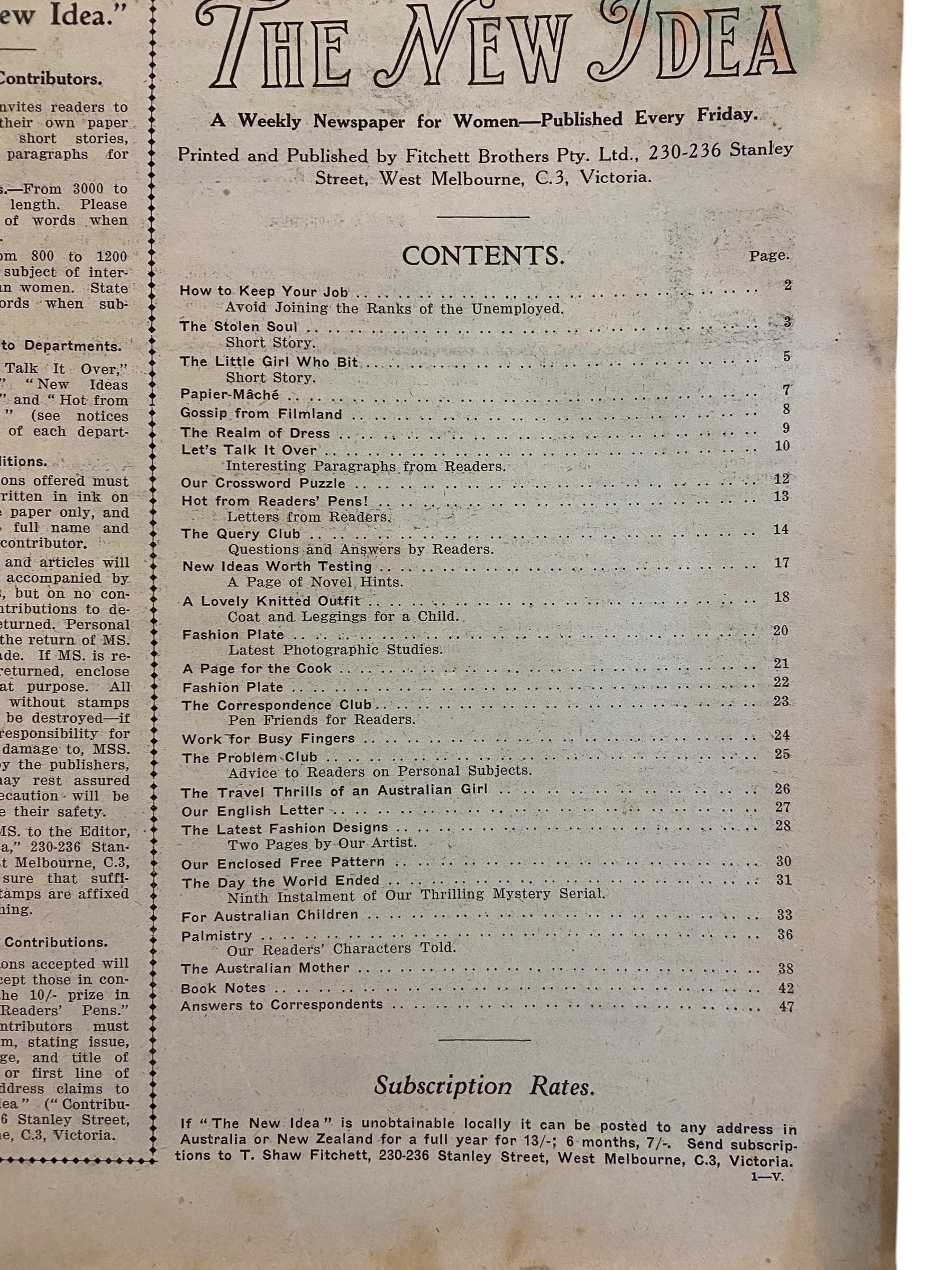 The New Idea Magazine . A weekly paper for Australian and New Zealand Women. August 22 1930 with sewing pattern unused, factory folded, lady’s apron.