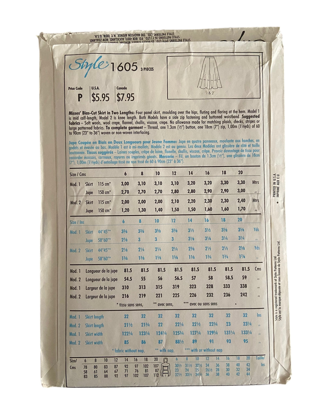 Style 1605 vintage 1980s skirt sewing pattern. Waist 28, 30, 32, 34, inches