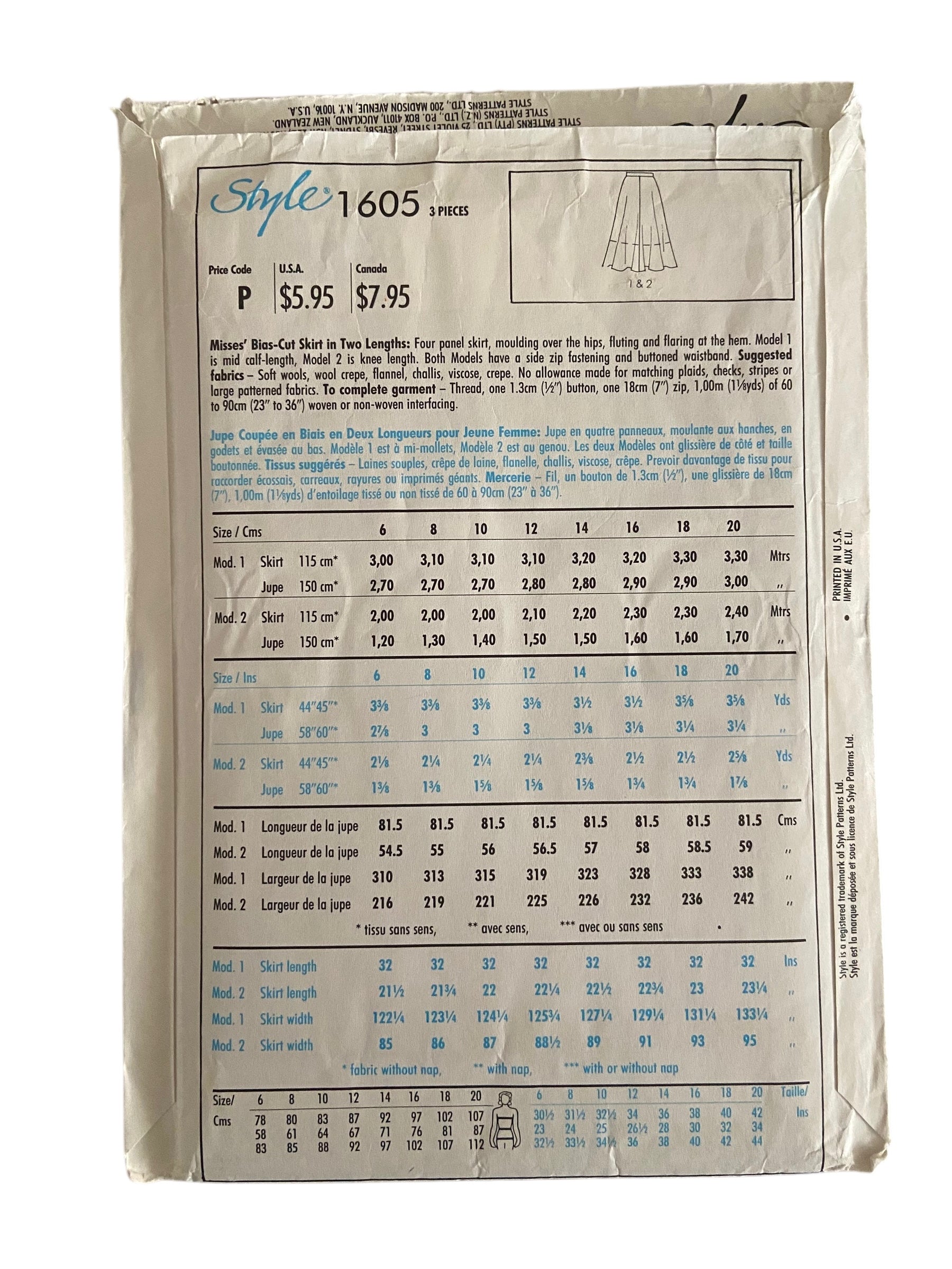 Style 1605 vintage 1980s skirt sewing pattern. Waist 28, 30, 32, 34, inches