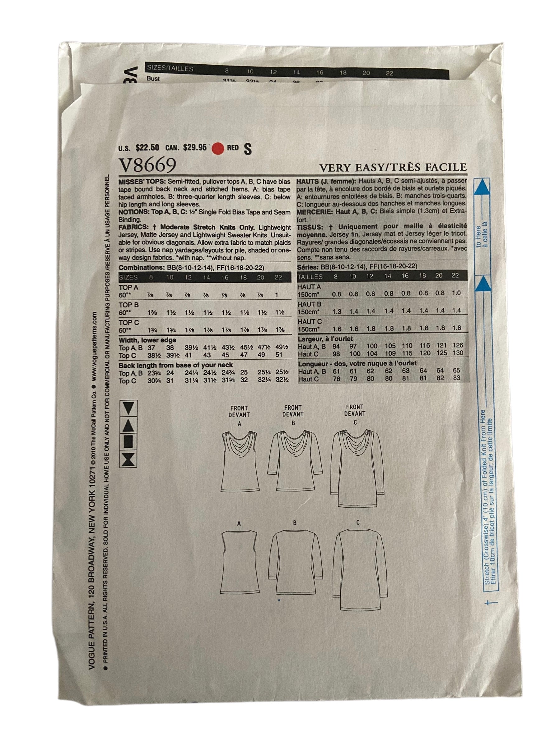 Very easy Vogue v8669 tops sewing pattern from 2010. Bust 31.5, 32.5, 34, 36 inches