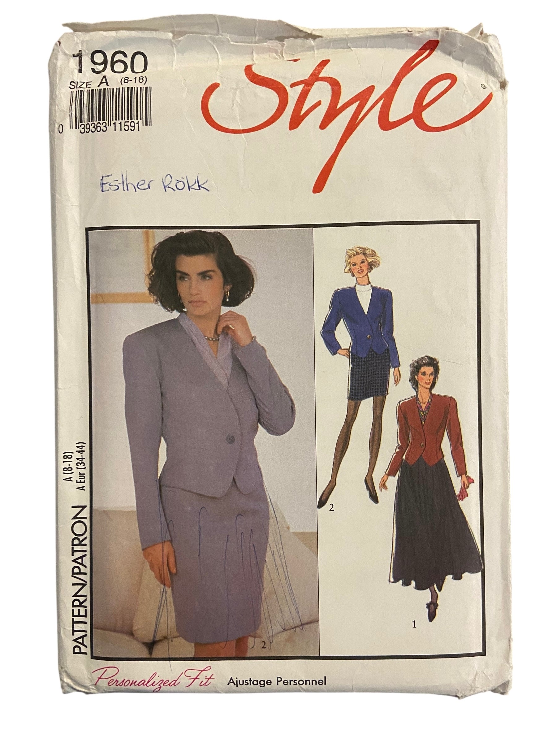 Style 1960 vintage 1990s jacket and skirt sewing pattern. Bust 31.5, 32.5, 34, 36, 38, 40 inches