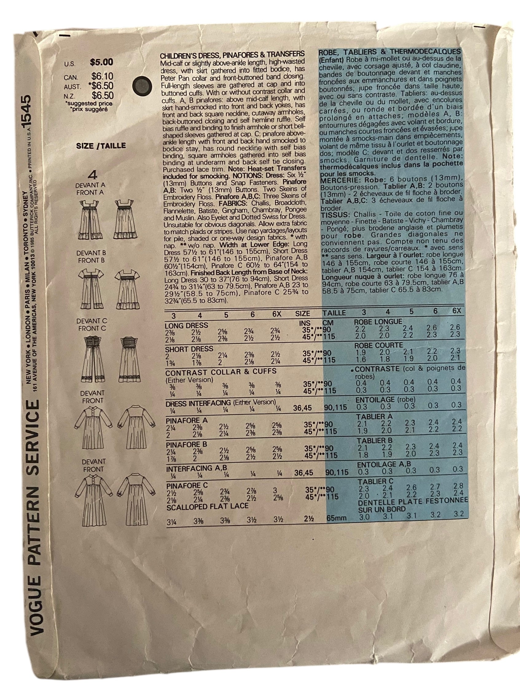 Vogue 1545 little vogue vintage 1980s dress and pinafores sewing pattern. Size 4 breast 23 inches.