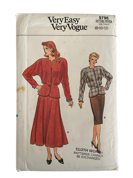 Vogue 9796 vintage 1980s jacket and skirt sewing pattern. Bust 30.5, 31.5, 32.5 inches