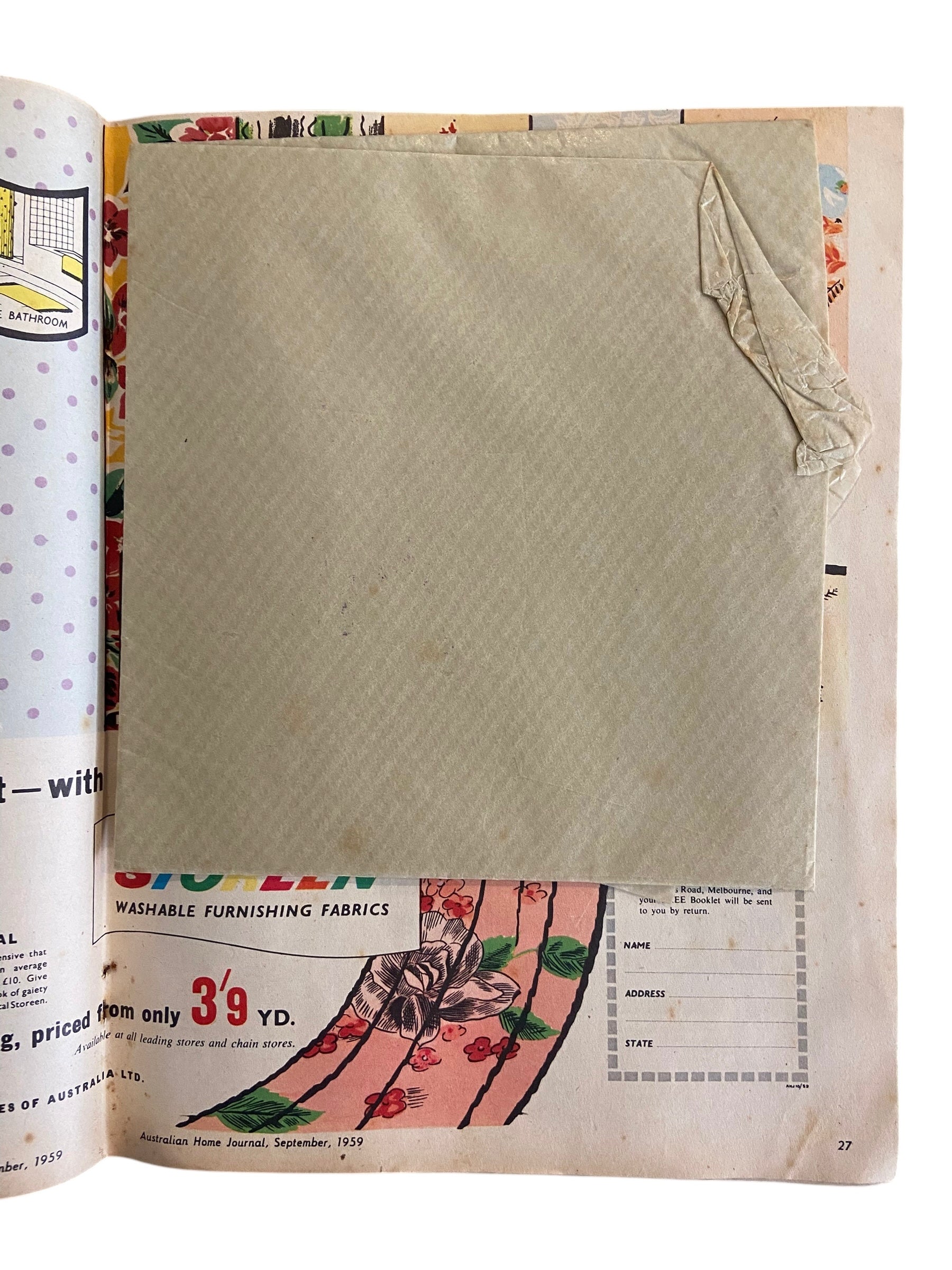 Australian home journal September 1959 with three sewing patterns, unused, factory folded two women’s dresses (36 inch bust and 34 inch bust) and a girl's dress (age 4 years).