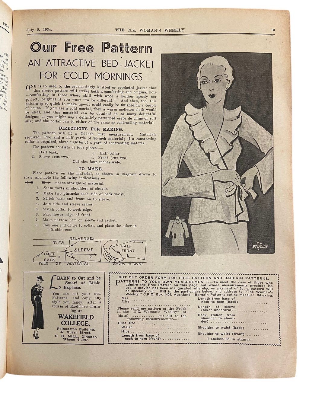 The New Zealand Woman’s weekly. July 5 1934. with sewing pattern unused, factory folded,  an attractive bed-jacket for cold mornings. Bust 34 inches.