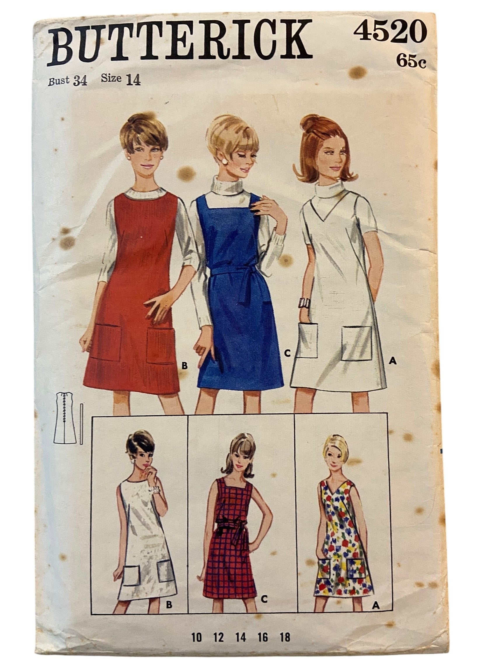 Butterick 4520 vintage 1960s easy dress or jumper sewing pattern. Bust 34 inches