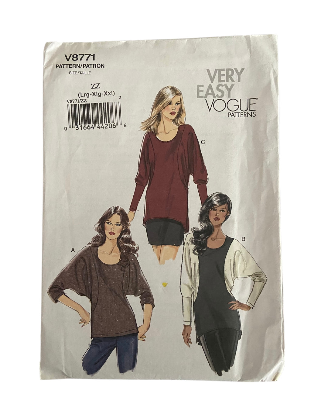 Very easy Vogue v8771 tops sewing pattern from 2011. Bust 38, 40, 42, 44, 46, 48 inches