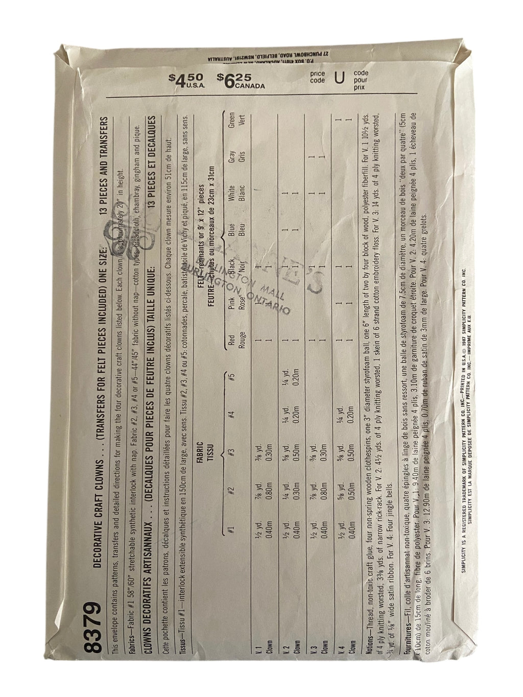 Simplicity 8379 vintage 1980s clowns craft pattern