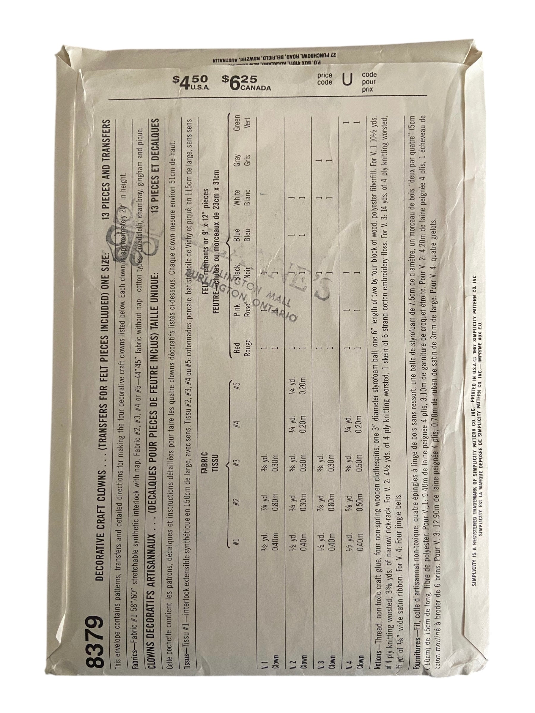 Simplicity 8379 vintage 1980s clowns craft pattern