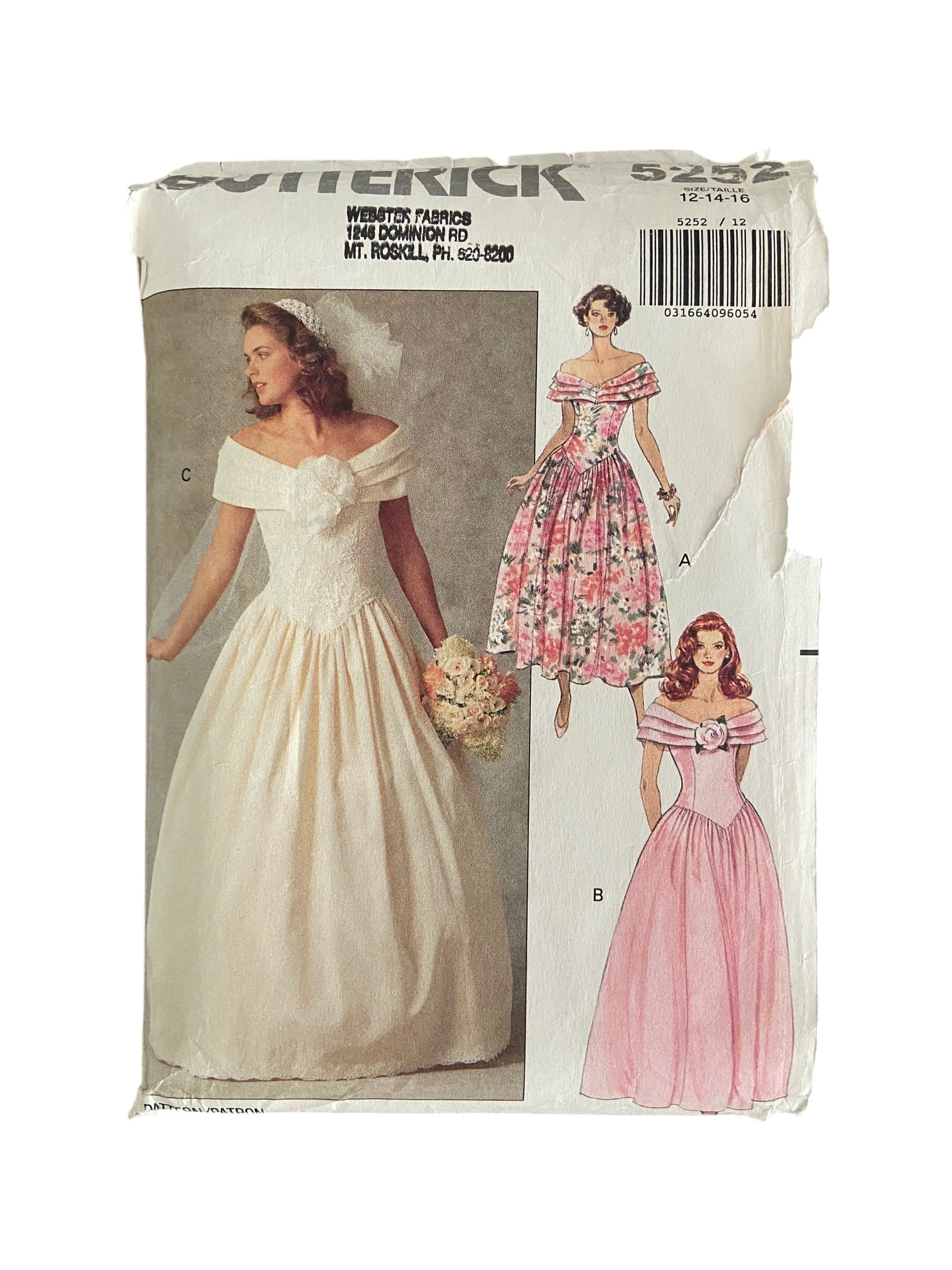 Butterick 5252 vintage 1990s bridal or bridesmaid dress pattern Bust 34, 36, 38 inches