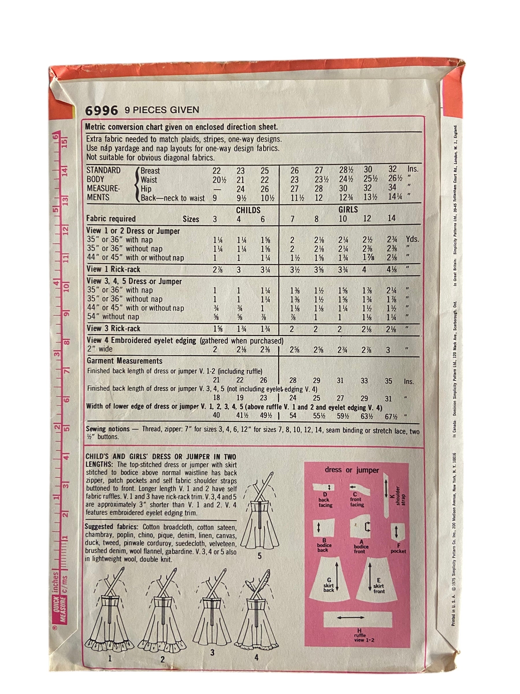 Simplicity 6996 vintage 1970s child’s dress sewing pattern size 4, 23 inch chest
