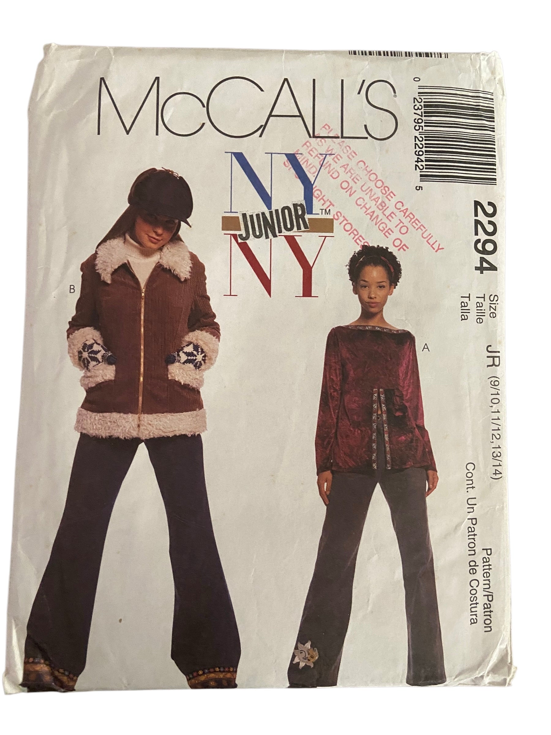 McCall’s 2294 vintage 1990s junior’s lined jacket, top and pants sewing pattern. Chest 36.5, 38 39.5 inches