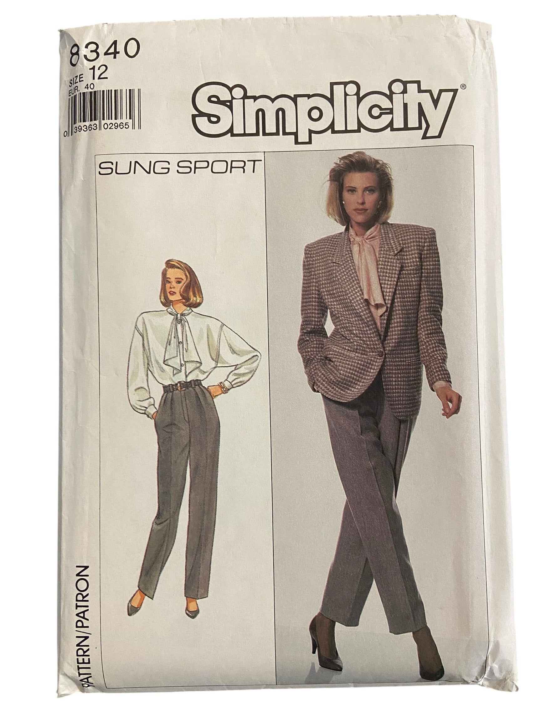 Simplicity 8340 vintage 1980s Sung Sport jacket, blouse and pants sewing pattern Bust 34 inches
