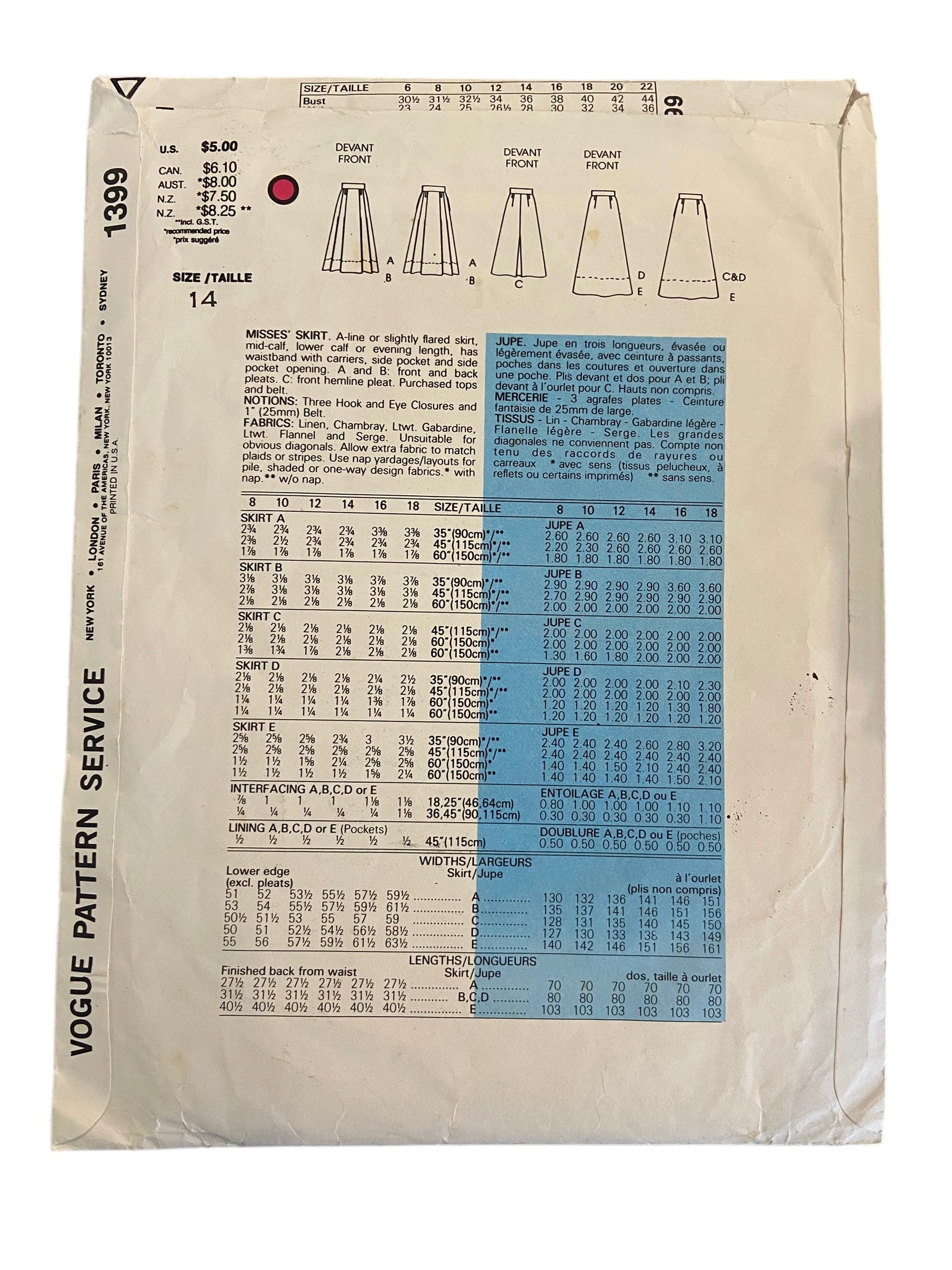 Vogue 1399 Basic design vintage 1980s skirt sewing pattern. Waist 28 inches