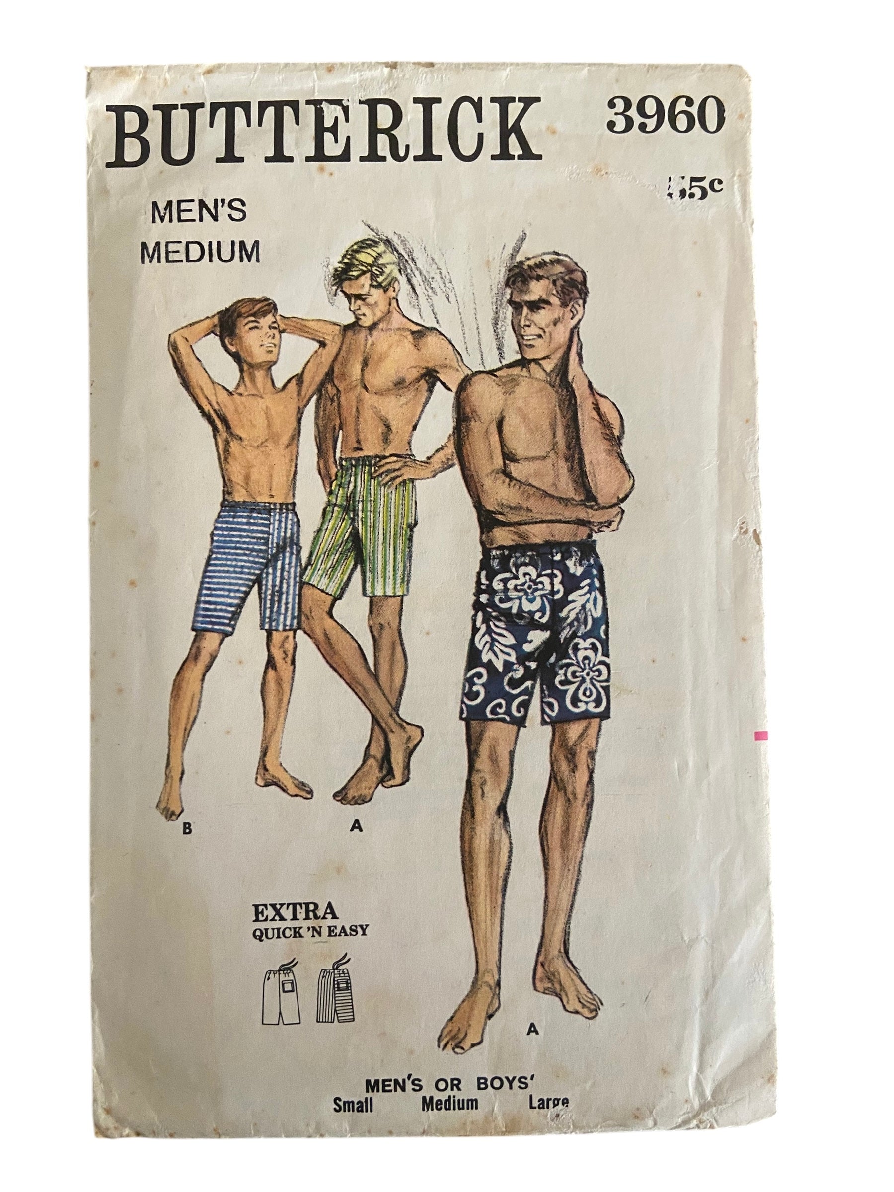 Butterick 3960 vintage 1960s men's easy shorts sewing pattern. Waist 32 inches