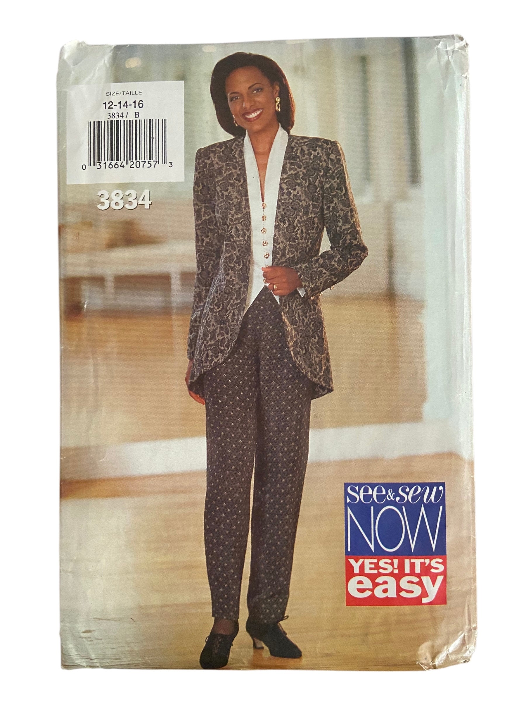 Butterick 3834 vintage 1990s jacket, top and pants sewing pattern. Bust 34, 36, 38  inches