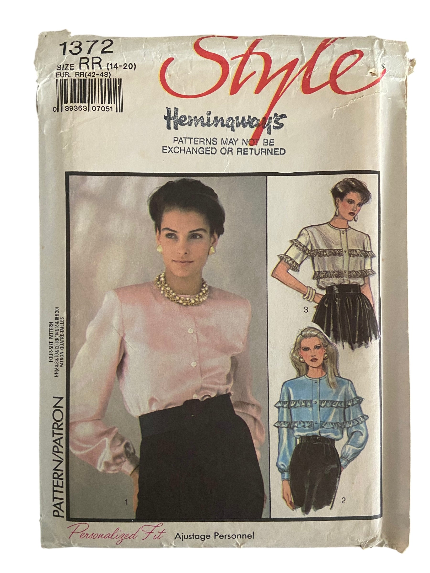 Style 1372 vintage 1980s  set of blouses sewing pattern. Bust 36, 38, 40, 42 inches