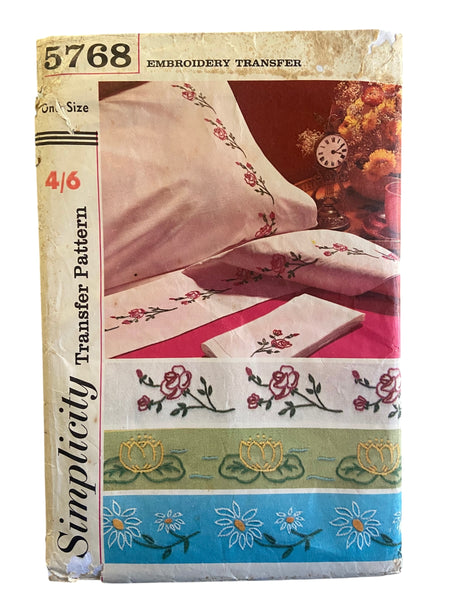Simplicity 5768 vintage 1960s vintage embroidery transfers for pillow cases, towels, sheets, clothing
