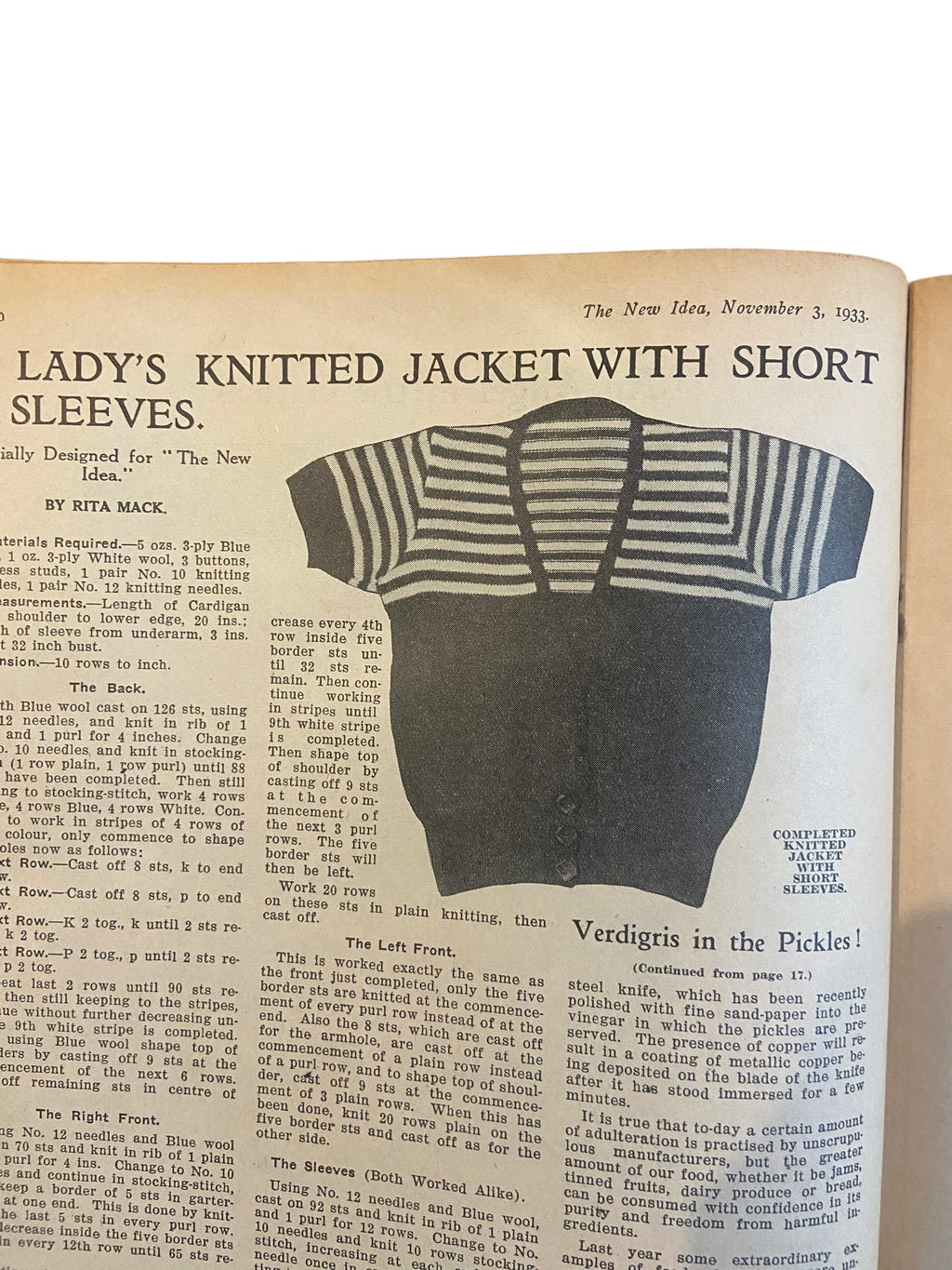 The New Idea Magazine . A weekly paper for Australian and New Zealand Women. November 3 1933 with sewing pattern unused, factory folded, lady’s summer frock. Bust 34 inches.