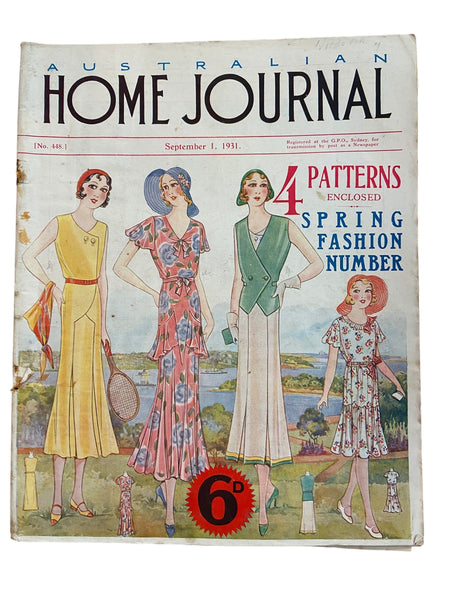 Australian home journal September 1st 1931 with four sewing patterns, unused, factory folded, two frocks and one sleeveless jacket bust 36 inches, child’s frock age 12 years