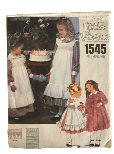 Vogue 1545 little vogue vintage 1980s dress and pinafores sewing pattern. Size 4 breast 23 inches.