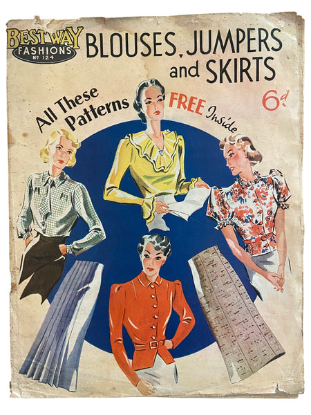Bestway Fashions catalogue No. 124 circa 1930s with six sewing patterns, unused, factory  folded, two blouses, two jumpers and two skirts. Bust 36 inches.