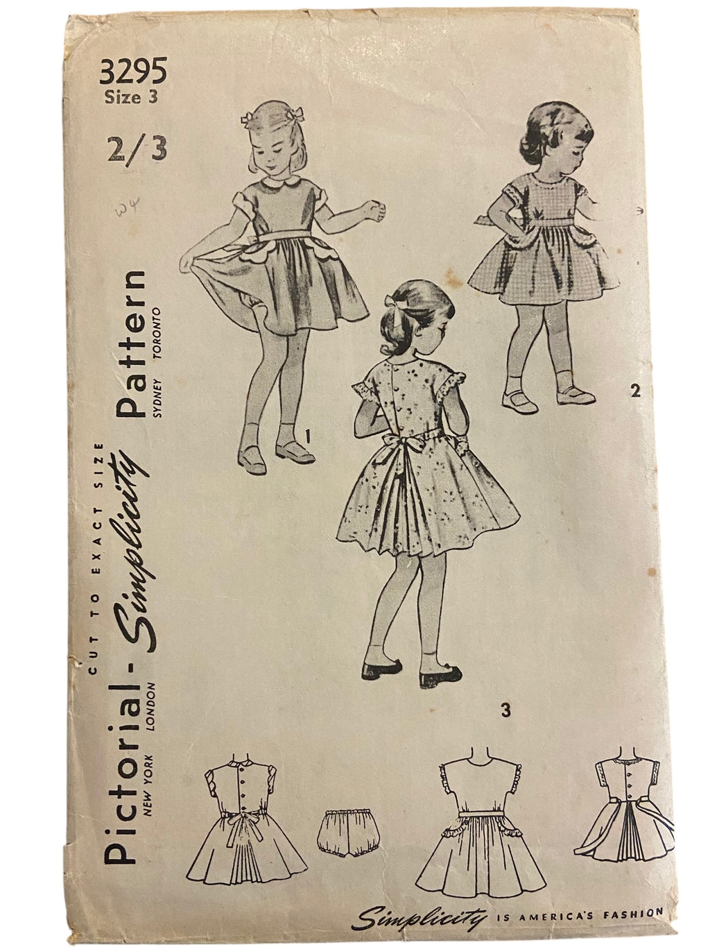 Simplicity 3295 vintage 1950s vintage child's dress and panties sewing pattern. Size 2/3