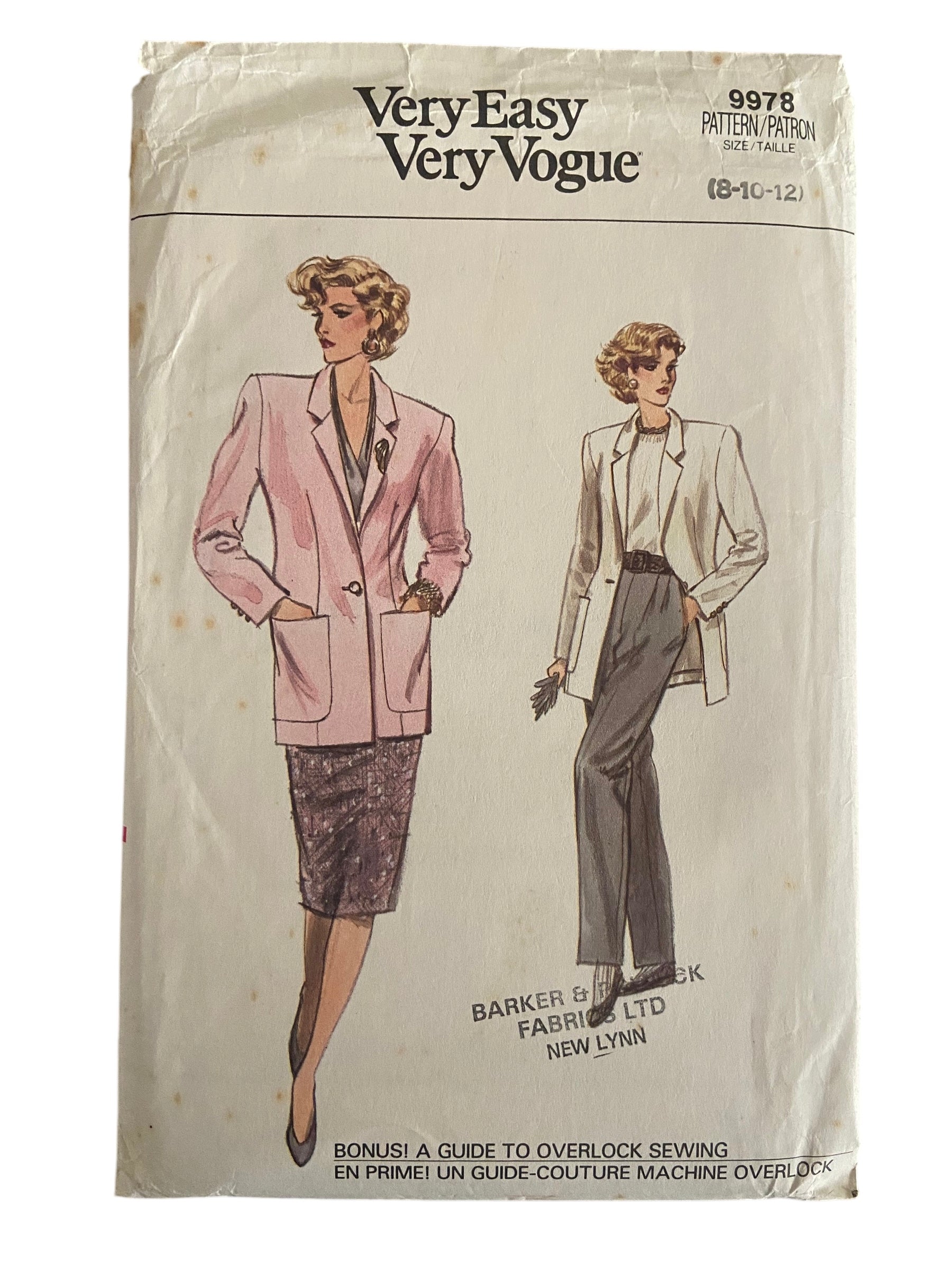 Vogue 9978 vintage 1980s jacket, skirt and pants sewing pattern. Bust 31.5, 32.5, 34 inches