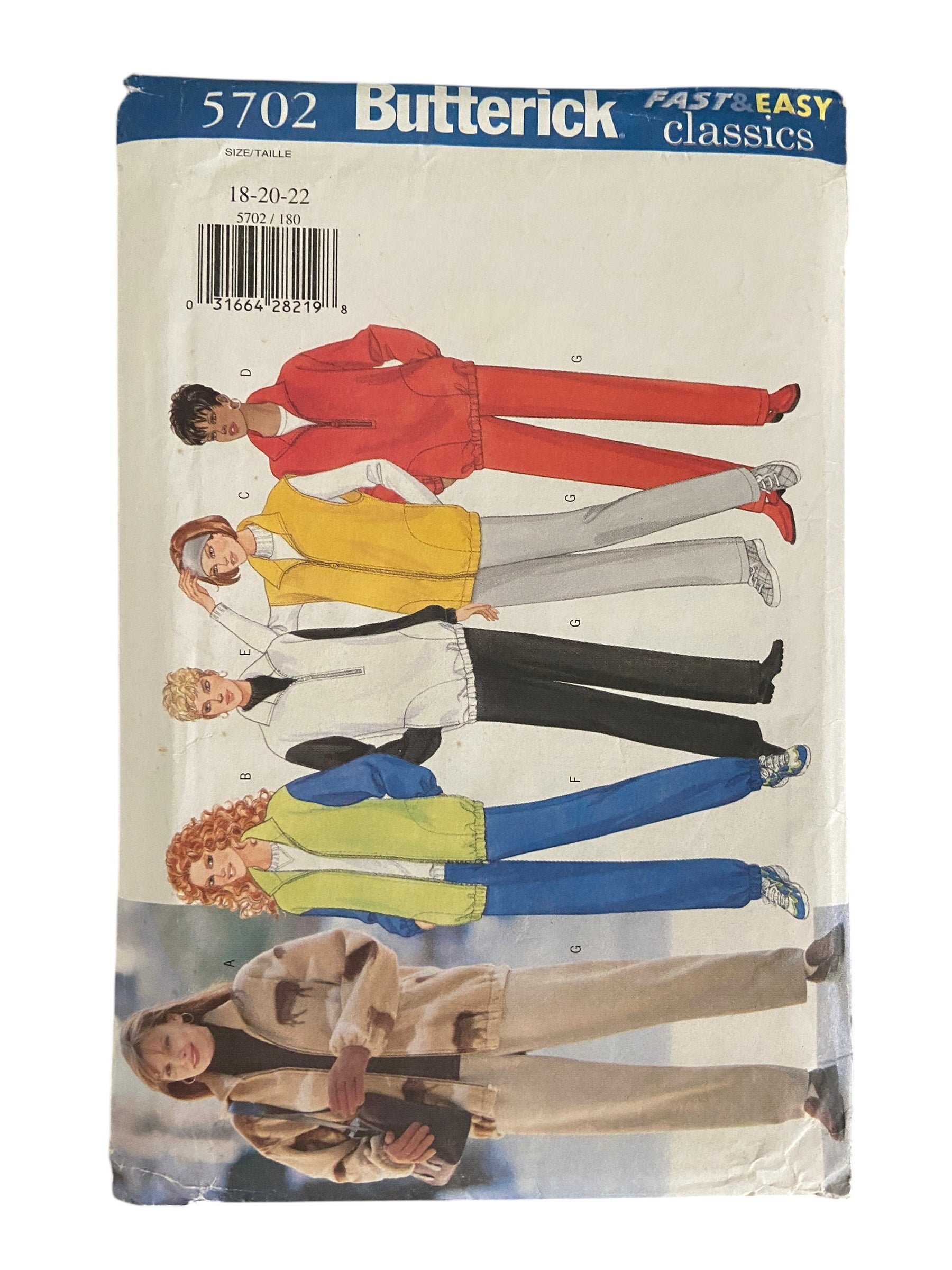 Butterick 5702 vintage 1990s pants, vest and jacket sewing pattern Bust 40, 42, 44 inches