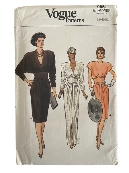 Vogue 9651 vintage 1980s dress sewing pattern. Bust 30.5, 31.5, 32.5 inches