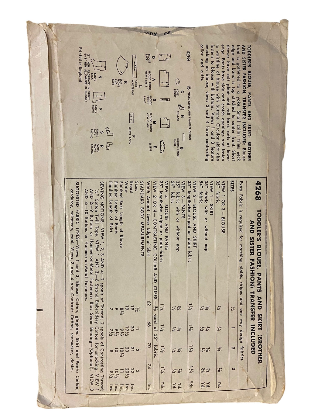Simplicity 4268 vintage 1950s toddler's blouse, pants and skirt, brother and sister fashion, sewing pattern. Size 3 years, breast 22 inches.