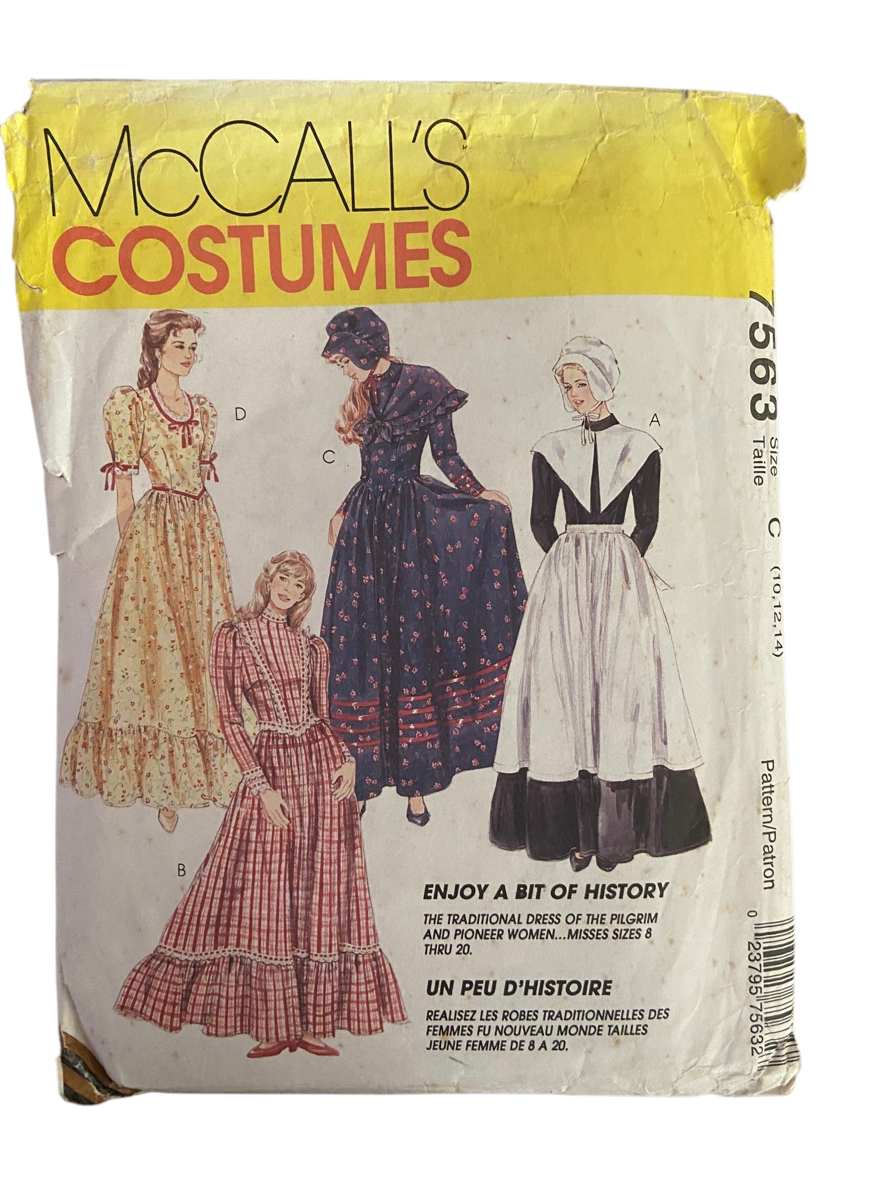 McCall’s costumes 7563 vintage 1990s pilgrim and pioneer women,s costume sewing pattern. Bust 31.5, 32.5, 34 inches