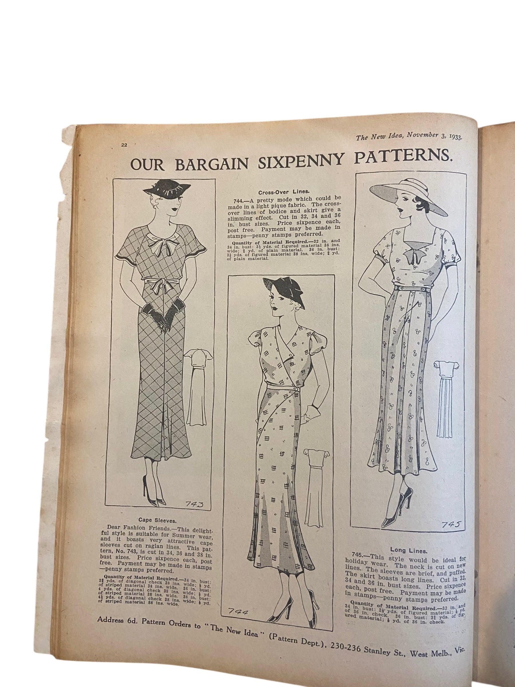 The New Idea Magazine . A weekly paper for Australian and New Zealand Women. November 3 1933 with sewing pattern unused, factory folded, lady’s summer frock. Bust 34 inches.