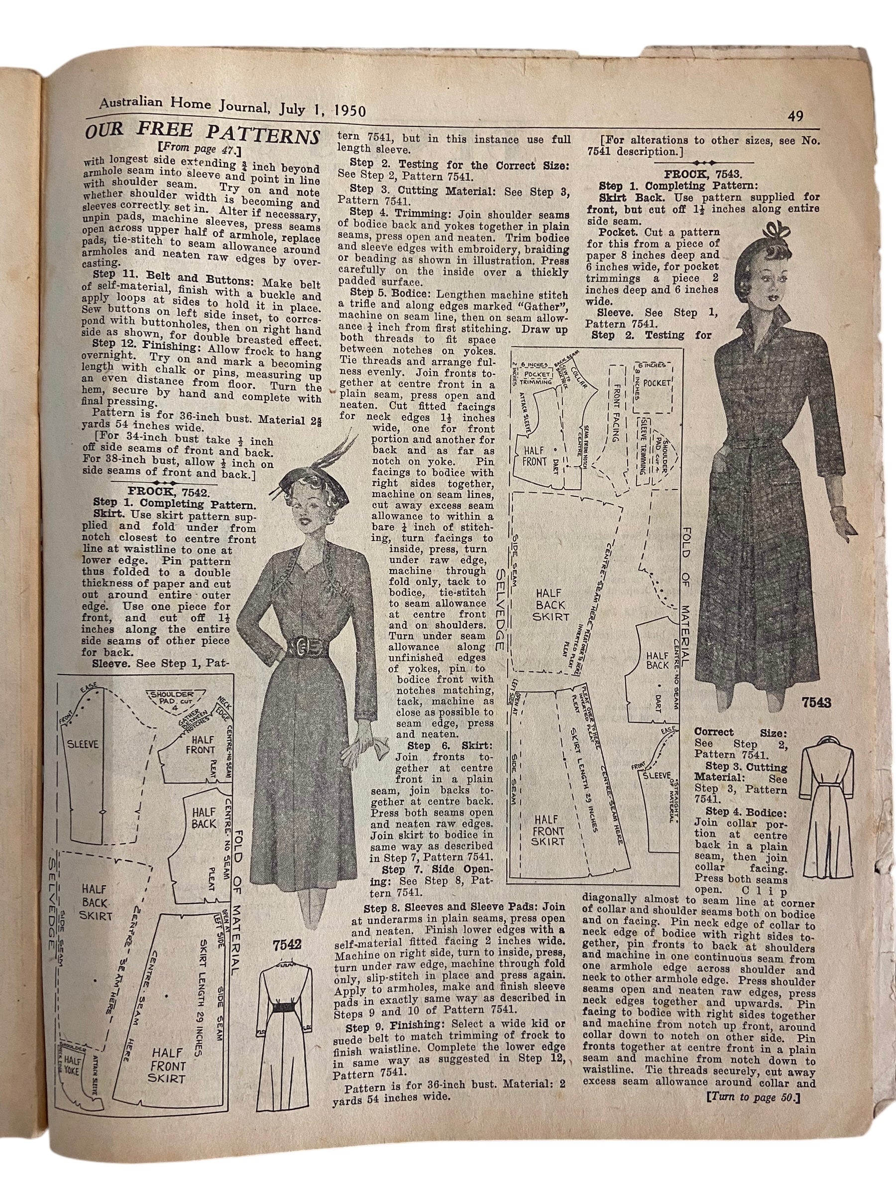 Australian home Journal July 1st 1950 with three dress sewing patterns, unused, factory folded, women’s dresses. Bust 36 inches.