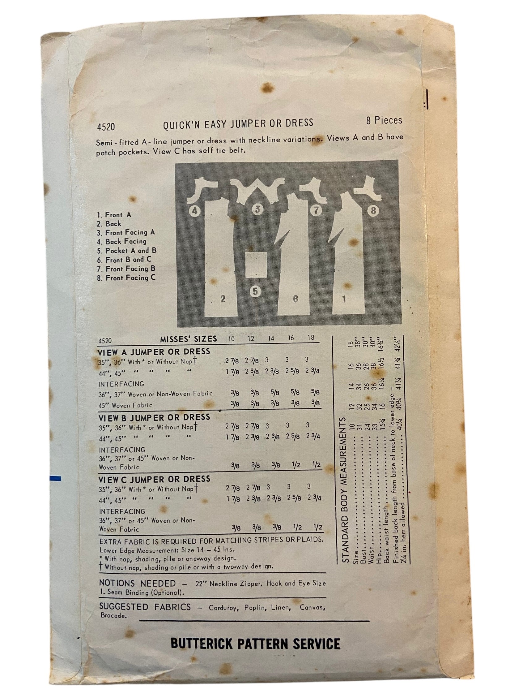 Butterick 4520 vintage 1960s easy dress or jumper sewing pattern. Bust 34 inches