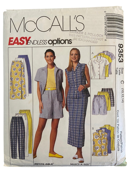 McCall’s easy endless options 9353 vintage 1990s pants, shorts, skirt and top sewing pattern. Bust 32.5, 34, 36 inches