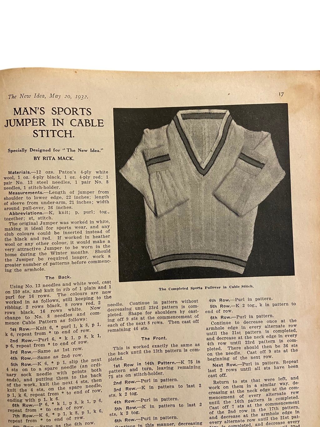 The New Idea Magazine . A weekly paper for Australian and New Zealand Women. May 20 1932 with sewing pattern unused, factory folded, lady’s afternoon frock.