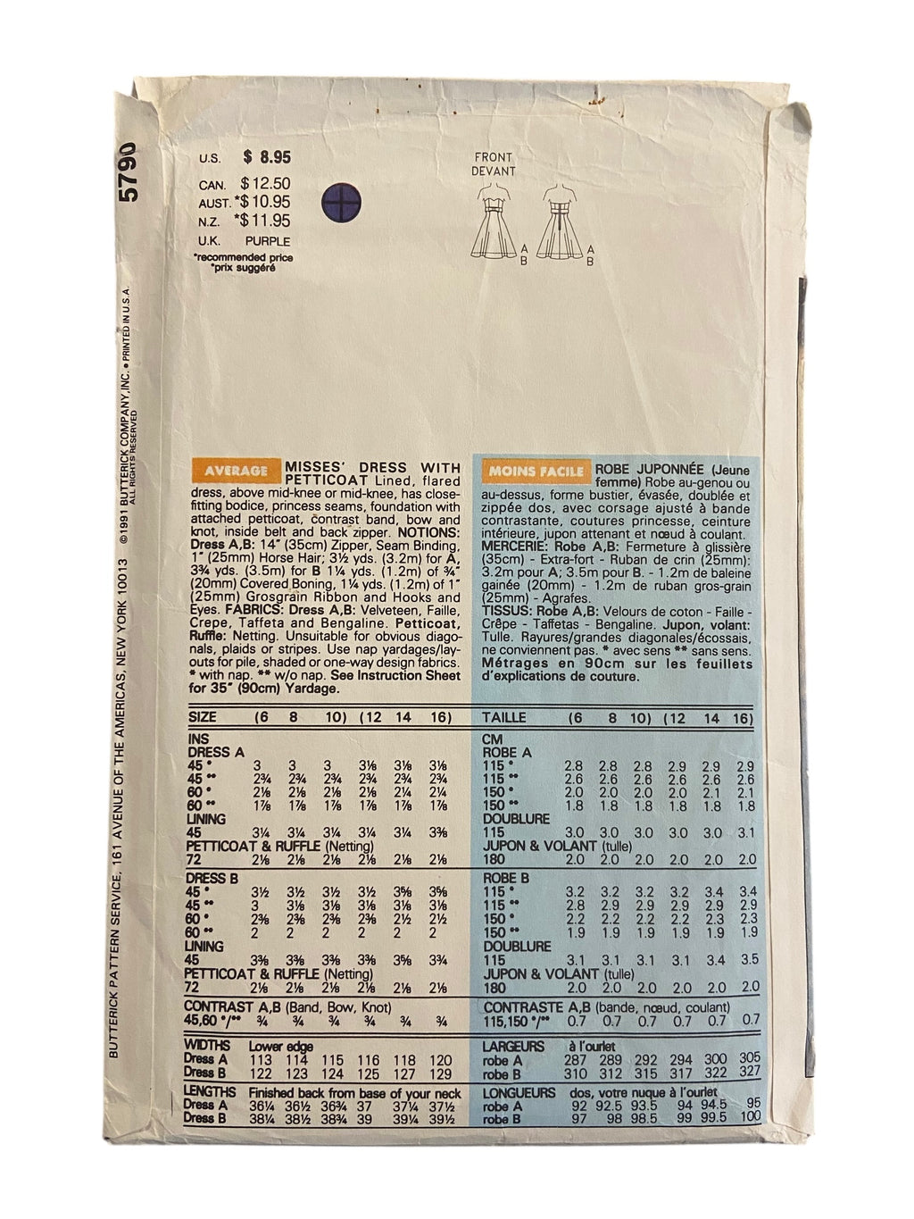 Butterick 5790 vintage 1990s Rimini dress sewing pattern. Bust 30.5, 31.5, 32.5 inches