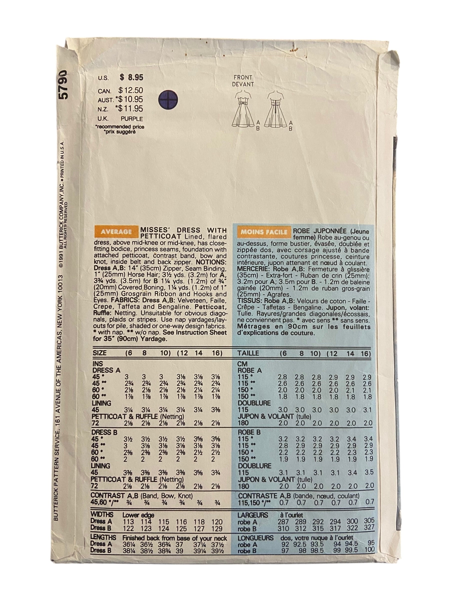 Butterick 5790 vintage 1990s Rimini dress sewing pattern. Bust 30.5, 31.5, 32.5 inches