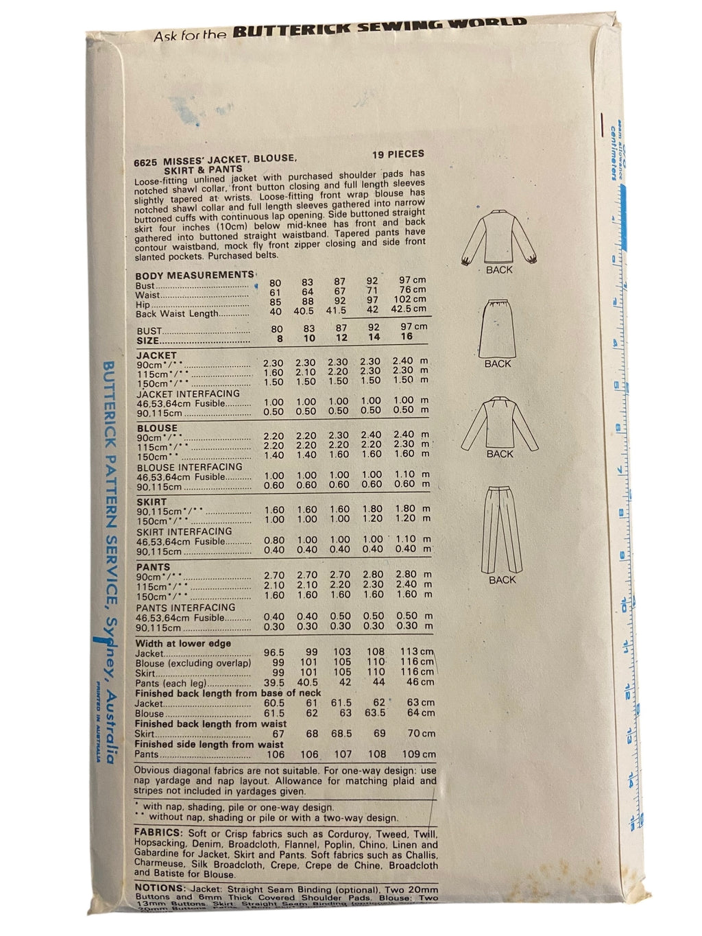Butterick 6625 vintage 1980s jacket, skirt, blouse and pants sewing pattern Bust 32.5 inches