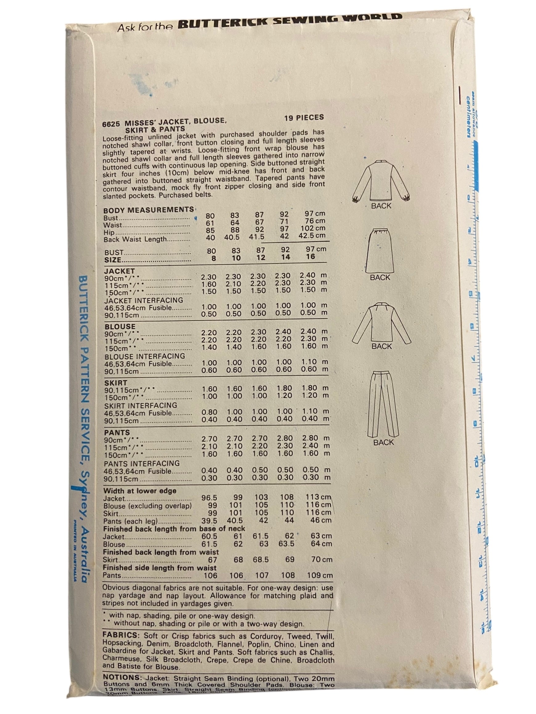 Butterick 6625 vintage 1980s jacket, skirt, blouse and pants sewing pattern Bust 32.5 inches