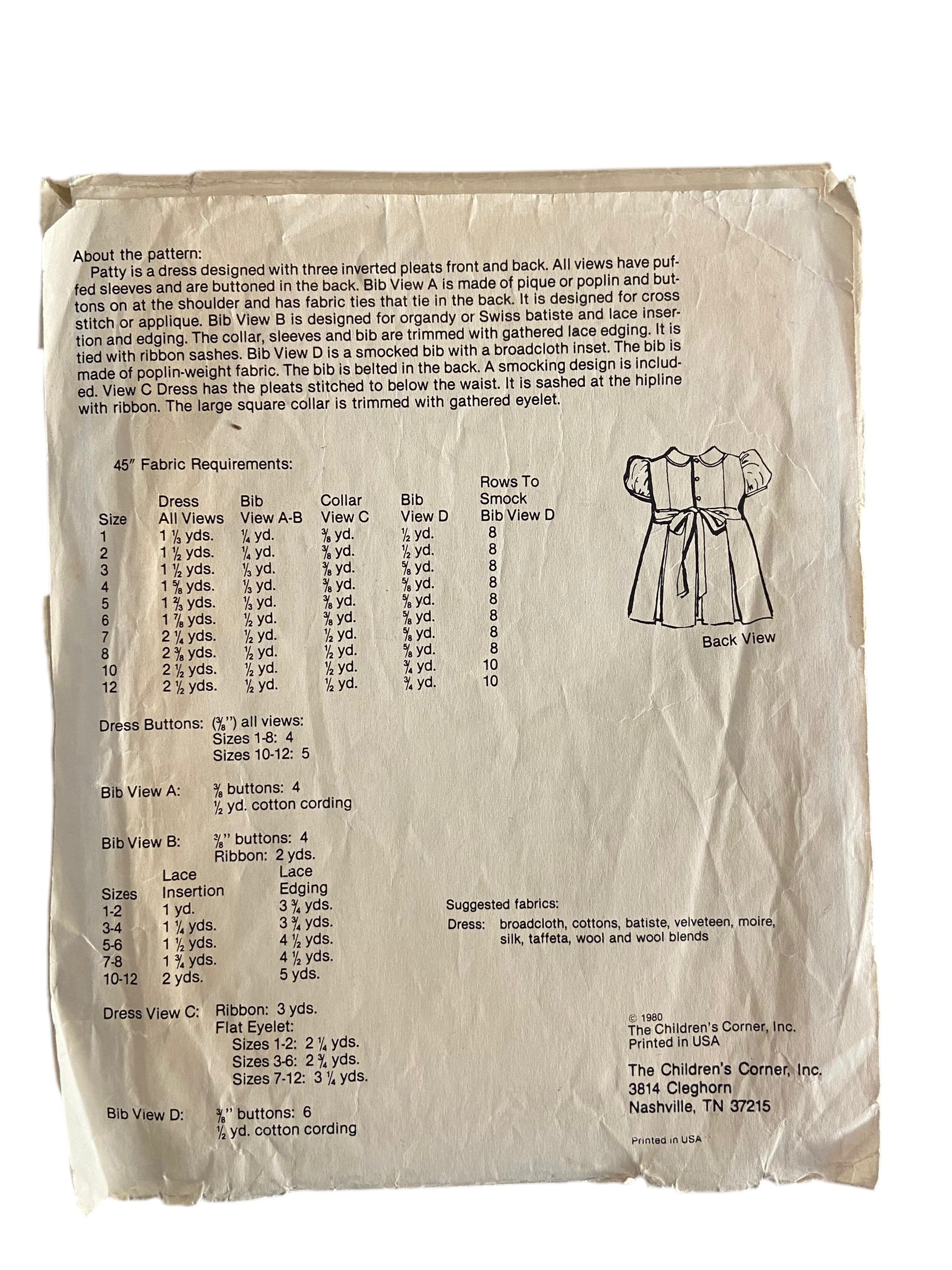 The children’s corner 20 vintage 1980s child's dress pattern. Size 3-4 years