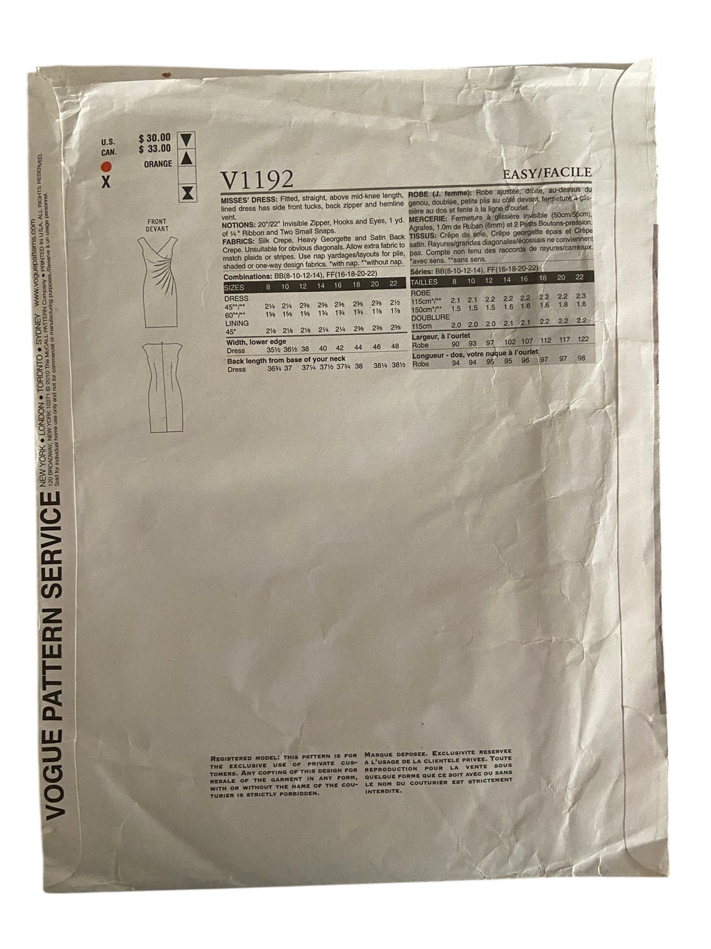 Vogue v1192 American Designer Anne Klein New York dress sewing pattern. Bust 31.5, 32.5, 34, 36 inches