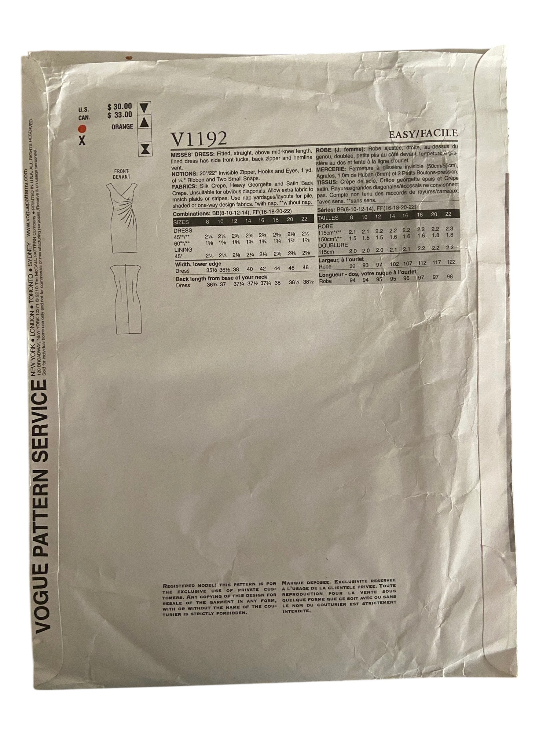 Vogue v1192 American Designer Anne Klein New York dress sewing pattern. Bust 31.5, 32.5, 34, 36 inches